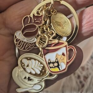 Purse Charm Coffee Cat Keychain Gold Tone